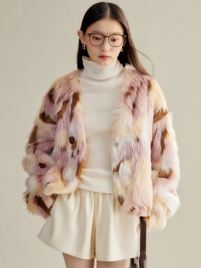 Contrast Color Eco-friendly Fur Short Furry Coat