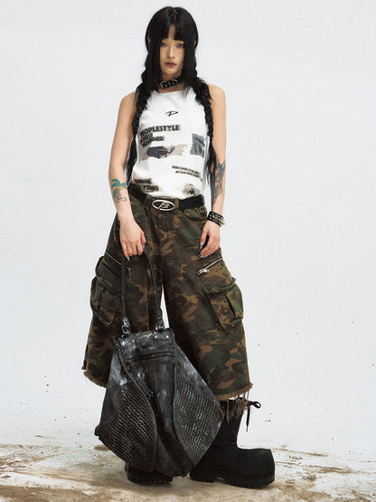 Camouflage Raw Edge Straight Work Cropped Pants