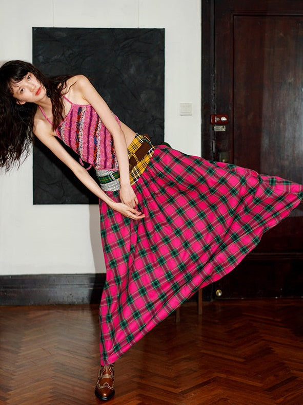 Retro Plaid Stitching Long Skirt With Belt