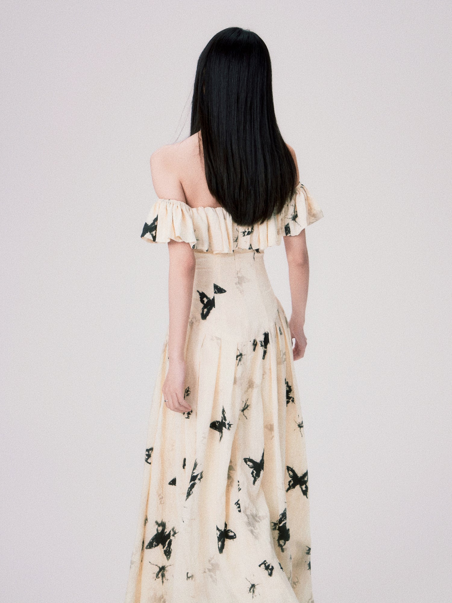 Butterfly Print Ruffle Off-shoulder Dress