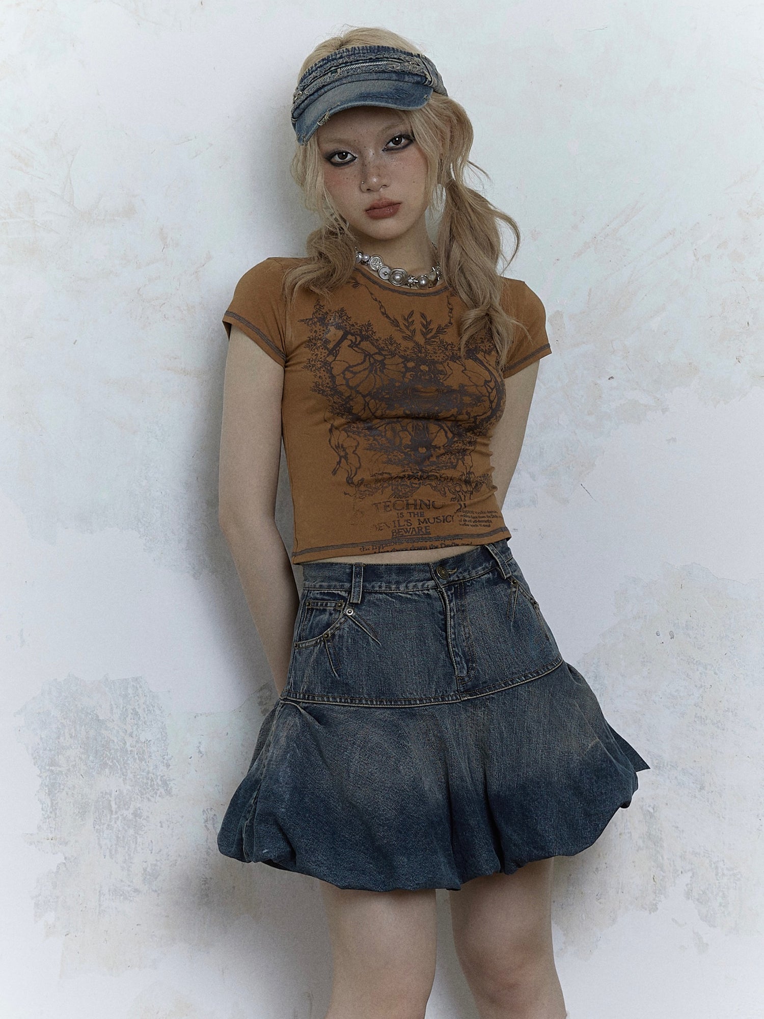 Retro Old Bud Fluffy A-line Denim Skirt