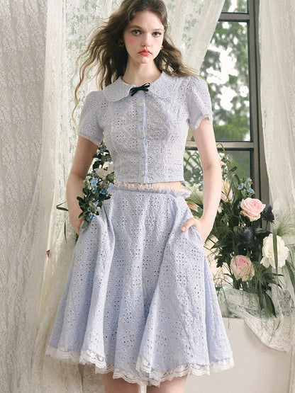 College Style Doll Collar Cutwork Lace Shirt ＆ Flare Skirt