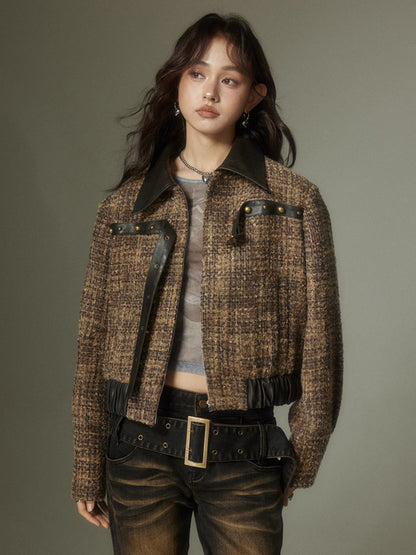 Plaid Splicing Leather Small Fragrant Style Jacket