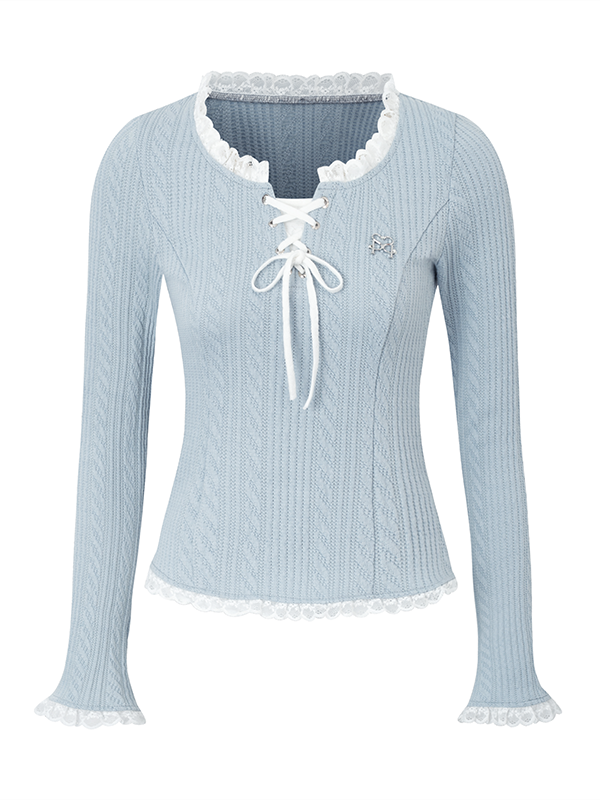 Lace Stitch Knitted Long-sleeved T-Shirt