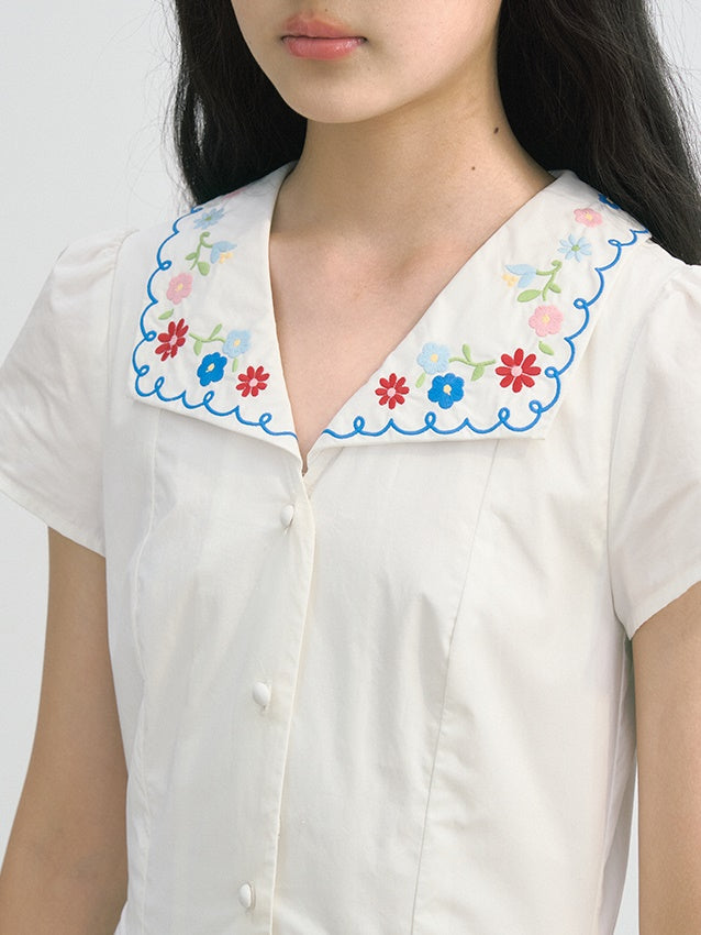 Flower Embroidery Waisted A-Line Shirt One-piece