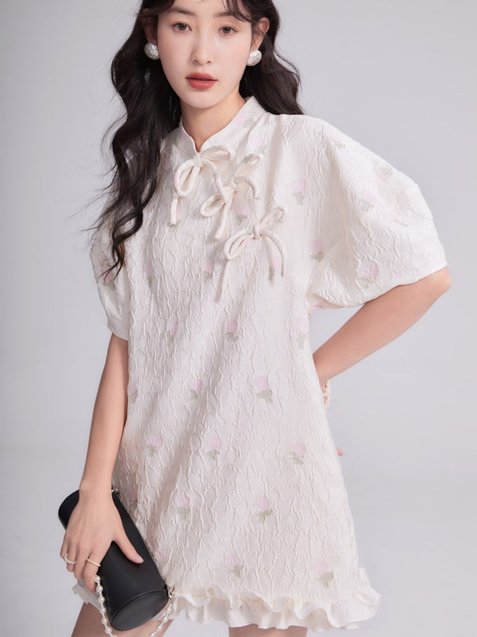 Mao Collar Jacquard Bow Dress