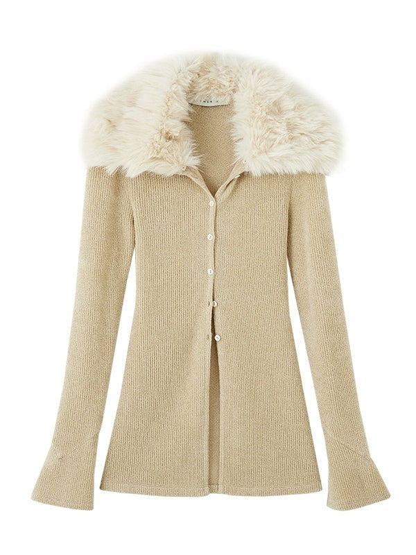 Detachable Fur Collar Long Sleeve Knitted Cardigan