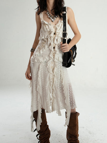 Romantic Wandering Style Ruffle Lace Irregular Suspender Dress