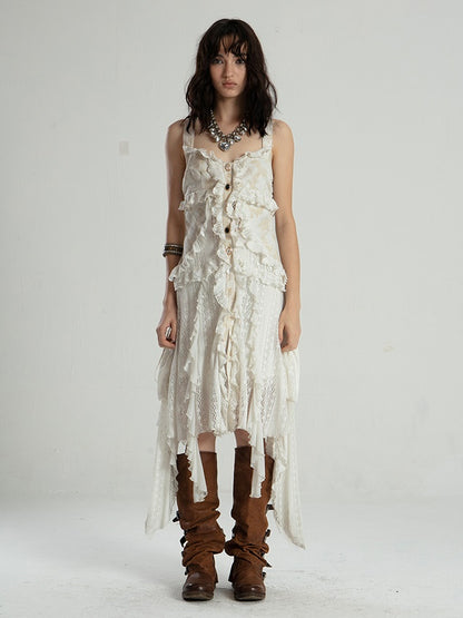 Romantic Wandering Style Ruffle Lace Irregular Suspender Dress