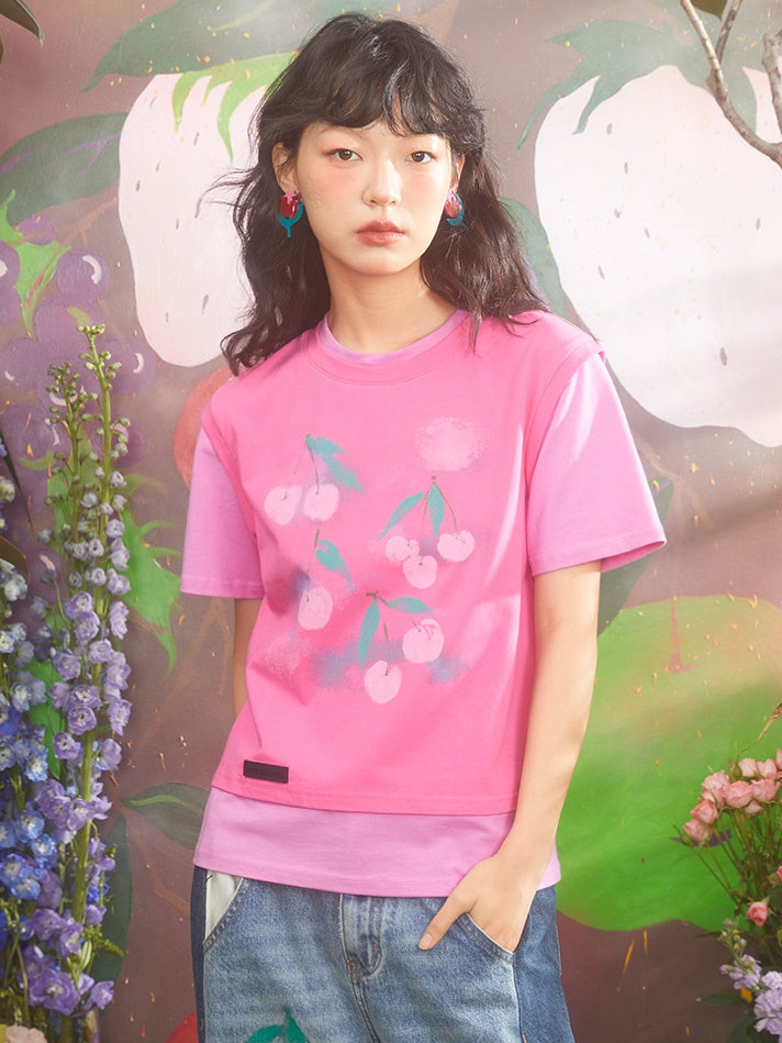 Gradient Cherry Print Fake Two-piece T-shirt