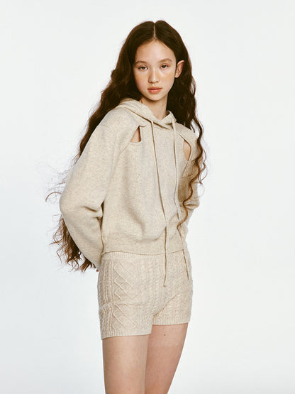 Sporty Cut-out Design Knitted Hoodie &amp; Short Pants