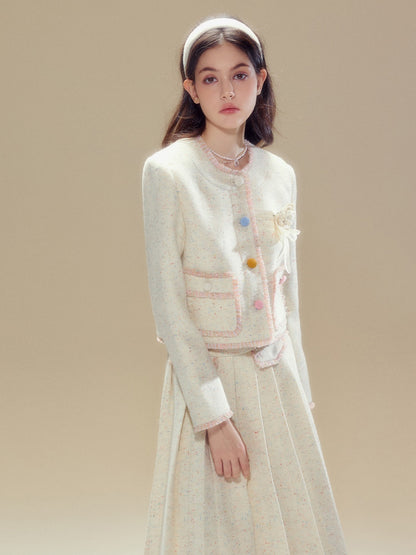 Camellia Contrast Button No Collar Jacket ＆ Pleated Long Skirt