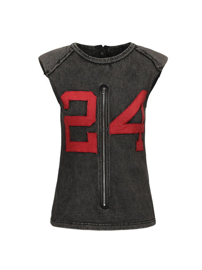 Zip Number No-Sleeve Retro Tops