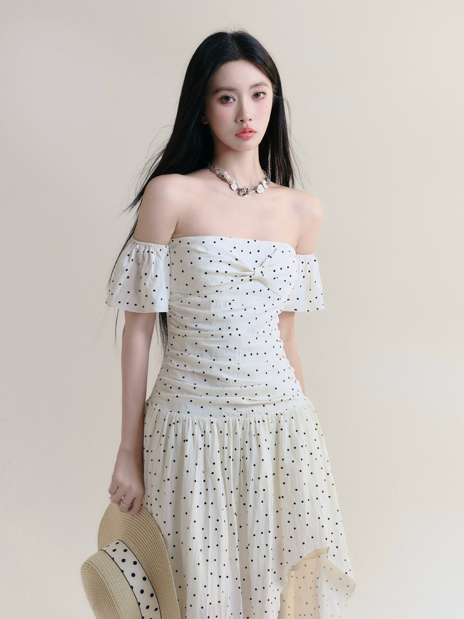 Bohemian Style Dot Pattern Off- Shoulder Dress