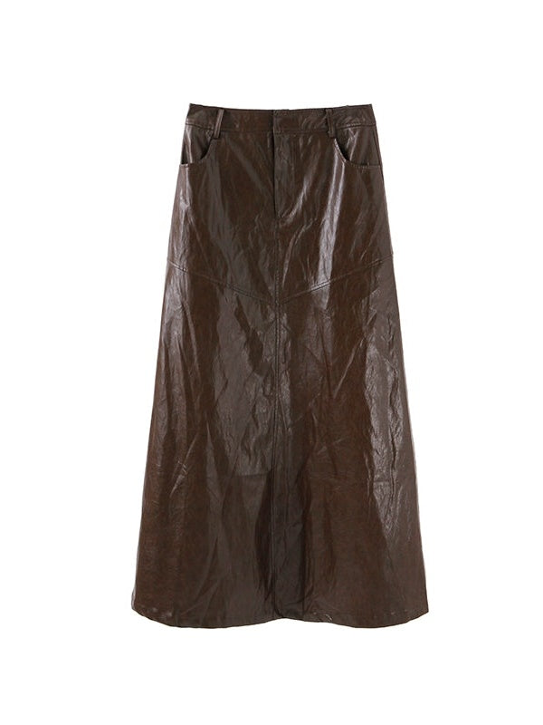 High Waist Straight PU Leather Skirt