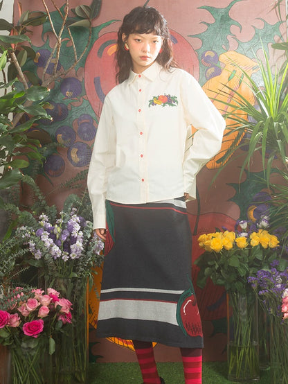 Fruit Embroidered Loose Long-sleeved Shirt