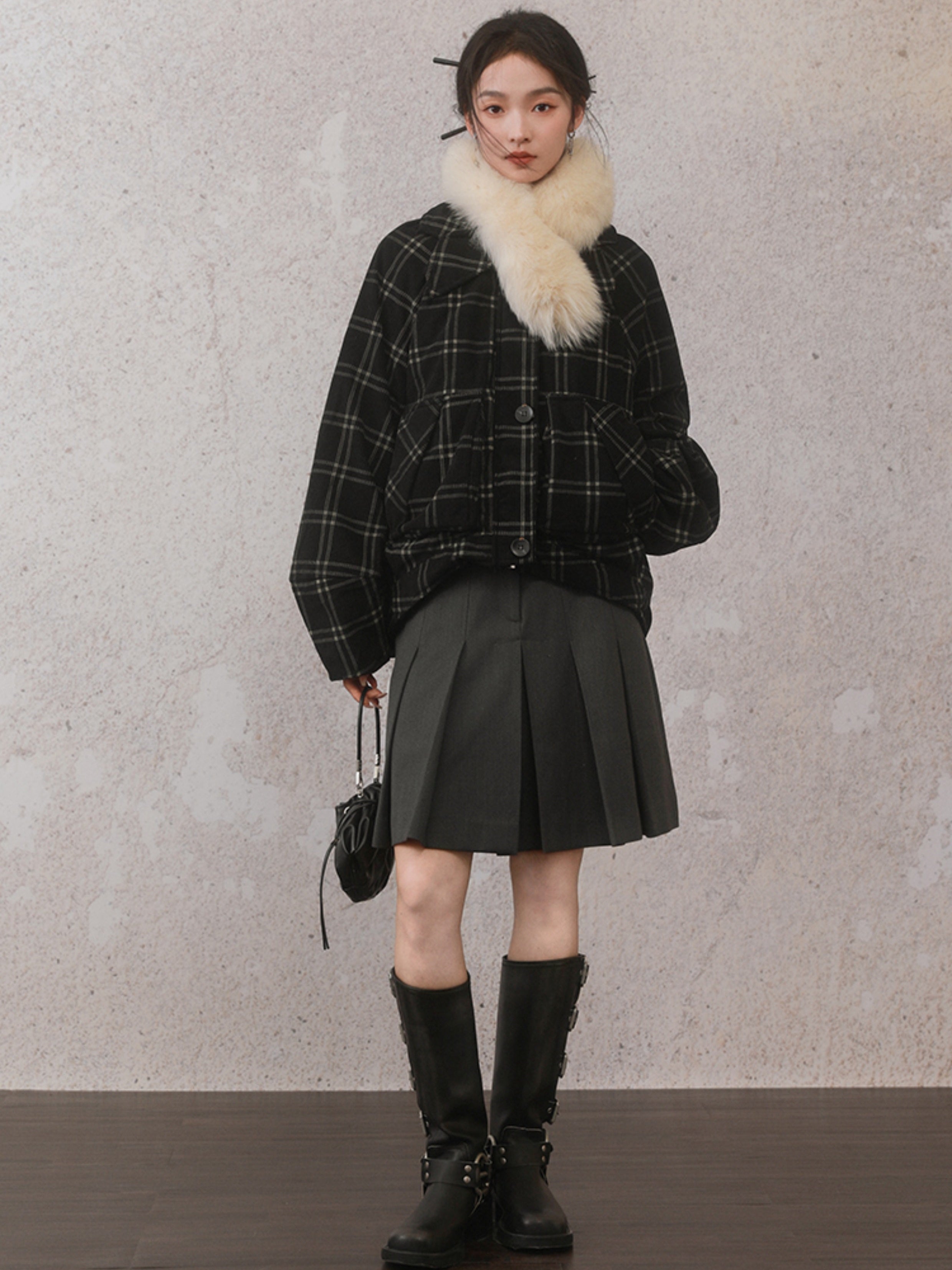 Fur Collar Detachable Design Plaid Corduroy Down Jacket