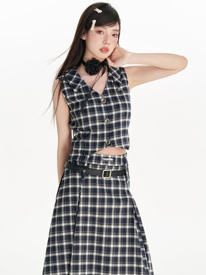 Plaid Short Weste &amp; High Taille A-Line Long Rock