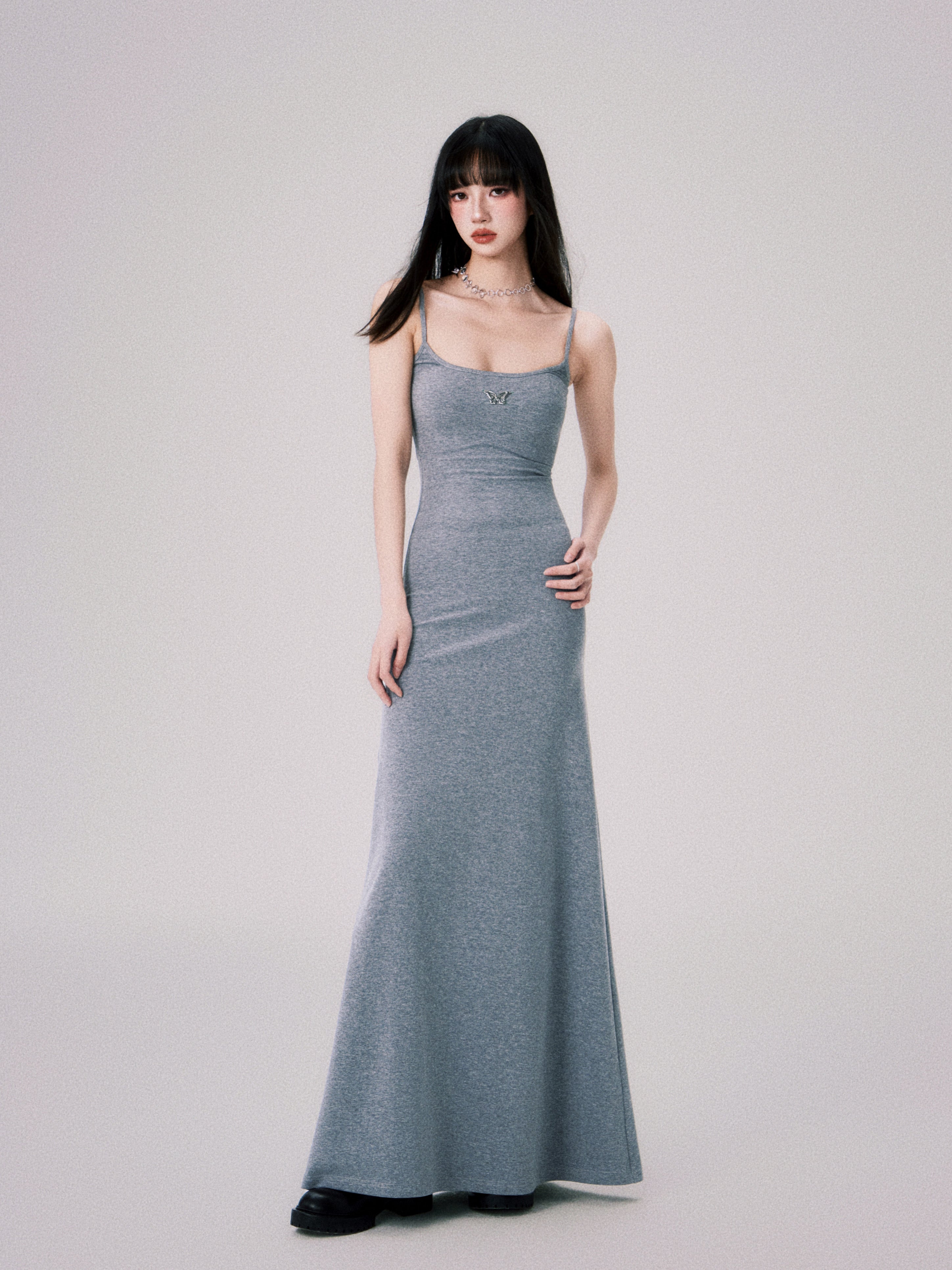 Square Neck Slim Suspender Long Dress