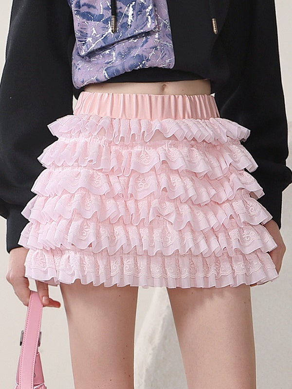 Set-Up Denim Layered Casual Spray Long-Tops＆Tulle-Skirt