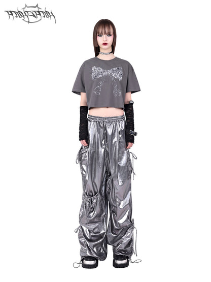 Glossy Metallic Drawstring Vasual Wide-Pants