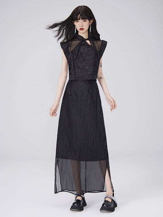 Chinese Style French Sleeve Hollow Top &amp; Sheer Skirt