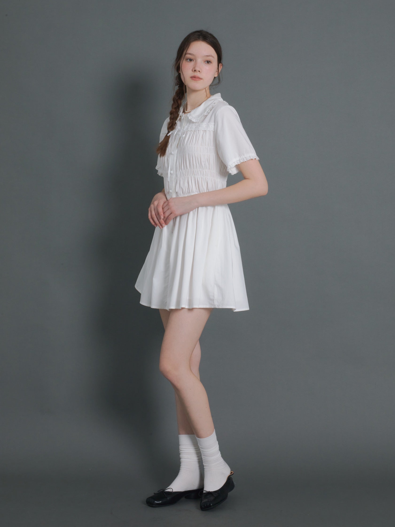 Doll Neck Gather Short Sleeve One-piece