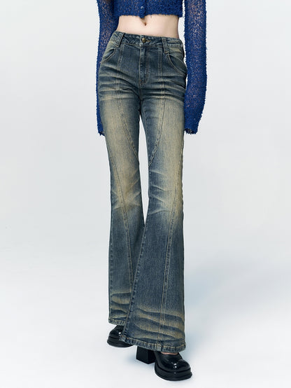 Faded-Denim Retro Vintage Flare-Pants