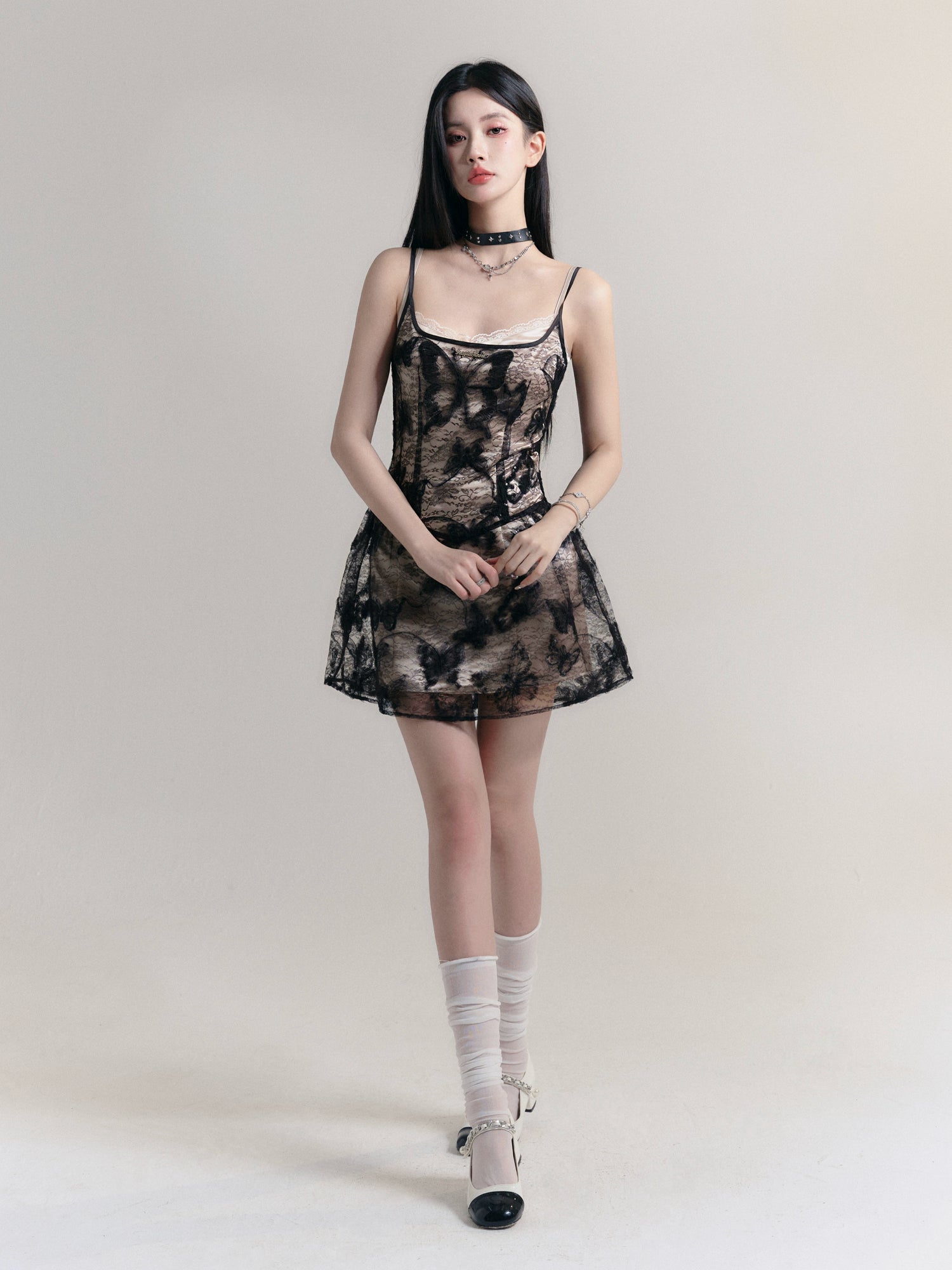 Butterfly Mark Lace Sheer Suspender Dress