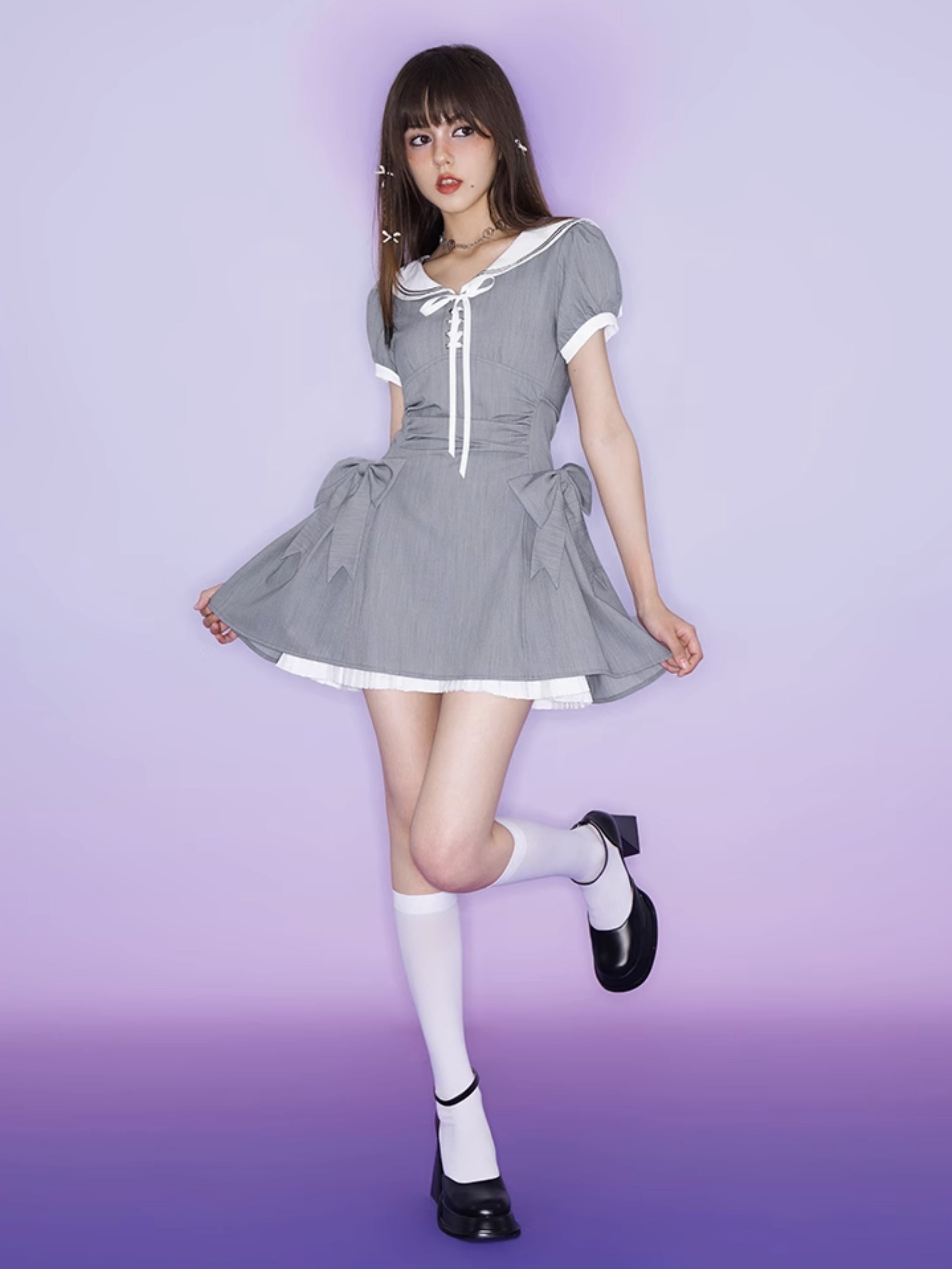 Sailor Collar Ribbon Waist One-piece