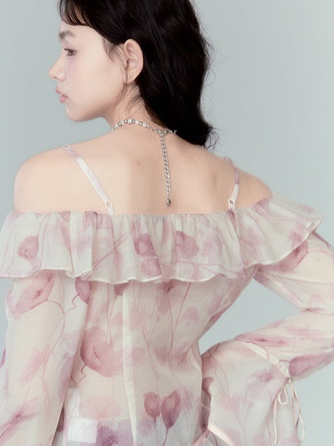 Trumpet Sleeve One Shoulder Lotus Leaf Chiffon Shirt