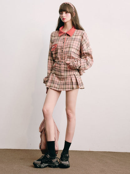 Loose Plaid Shirt &amp; Pleated Skirt