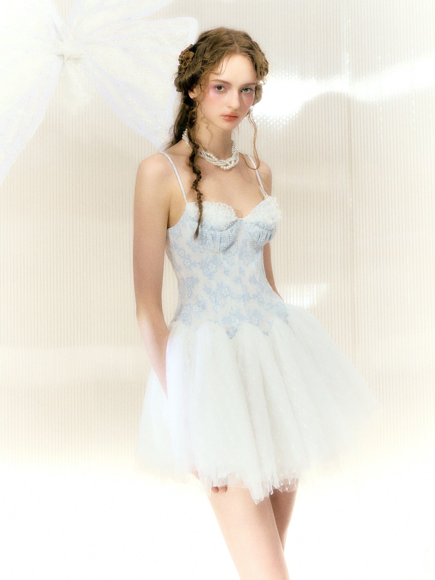 Flower Pearl Butterfly Ballet Style Mesh Suspender Dress