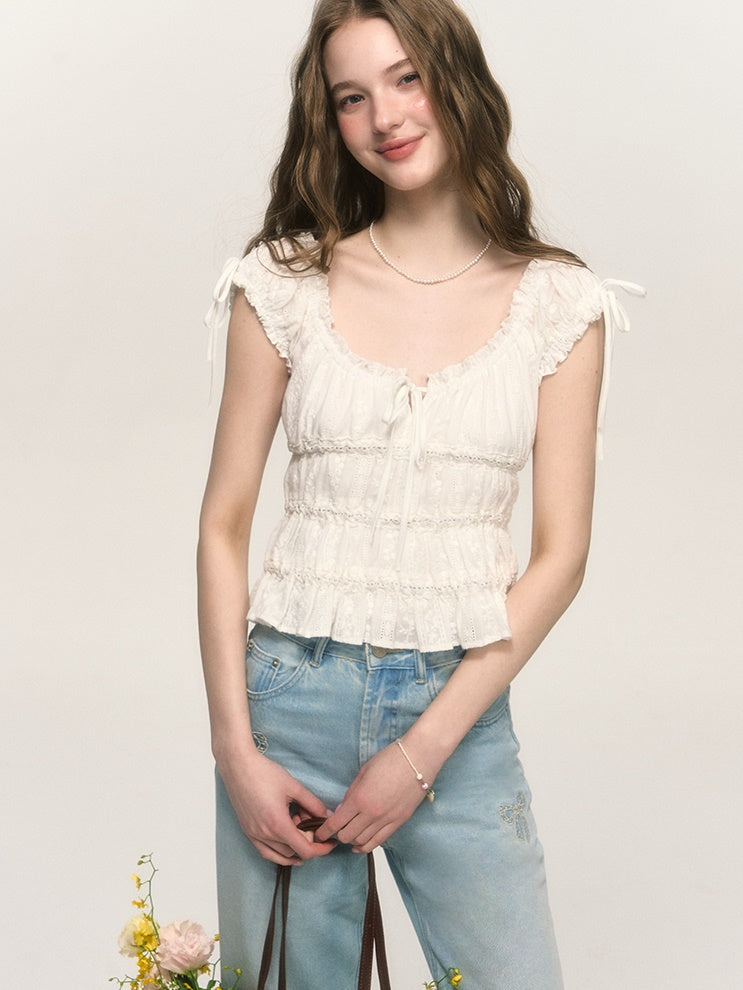 Sweet Hollow Fungus Lace Short-sleeved Shirt