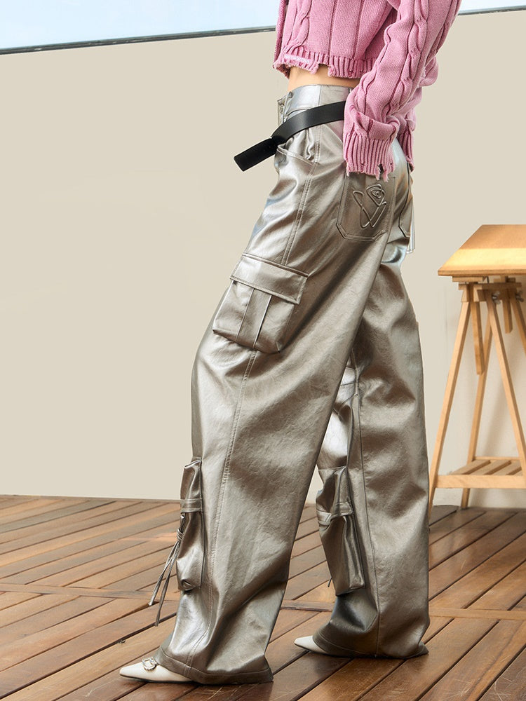 PU Leather Wide-leg Cargo Pants