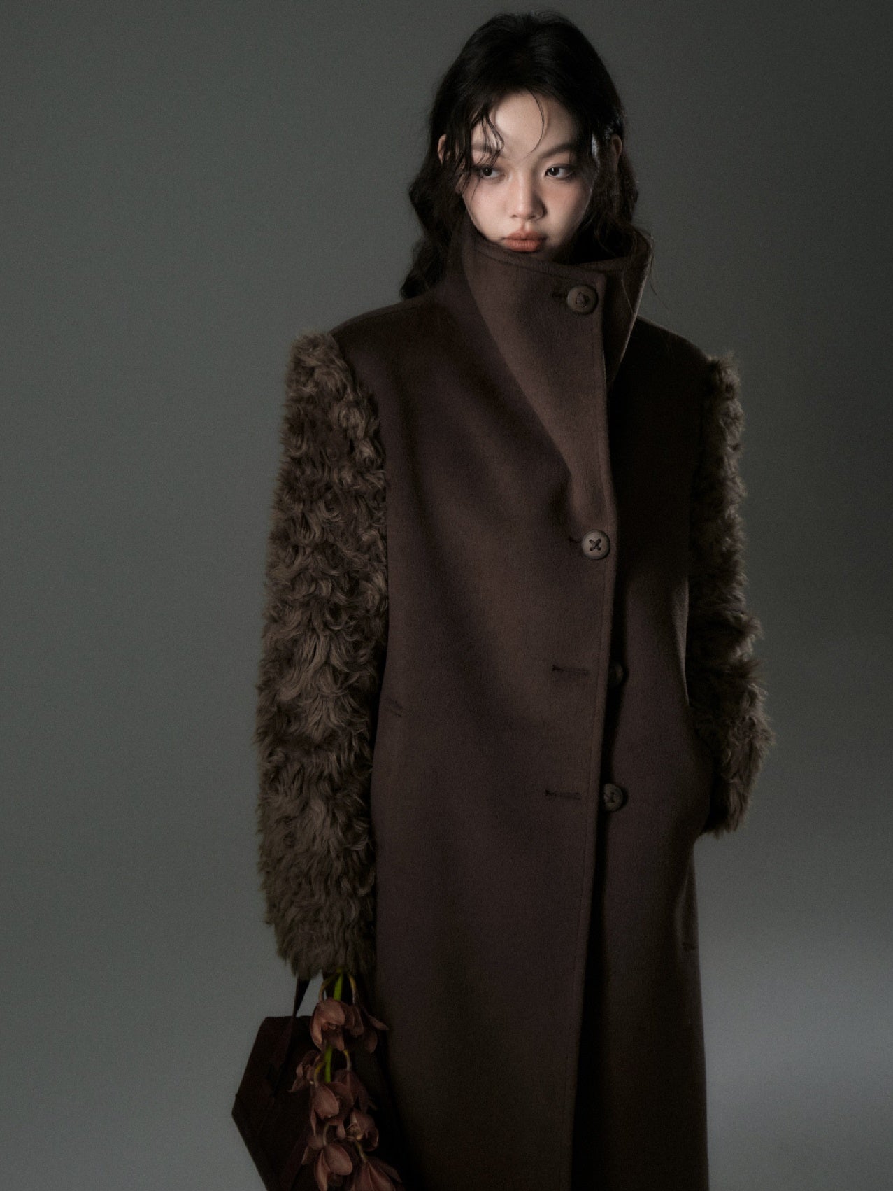 Plush Fur Sleeve Splicing Stand Collar Coat