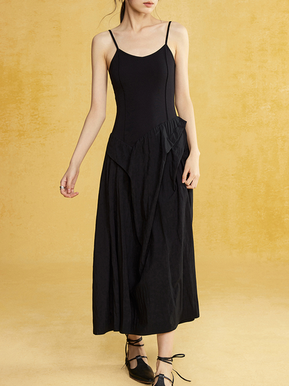 Draped Suspender Long Splicing Dress