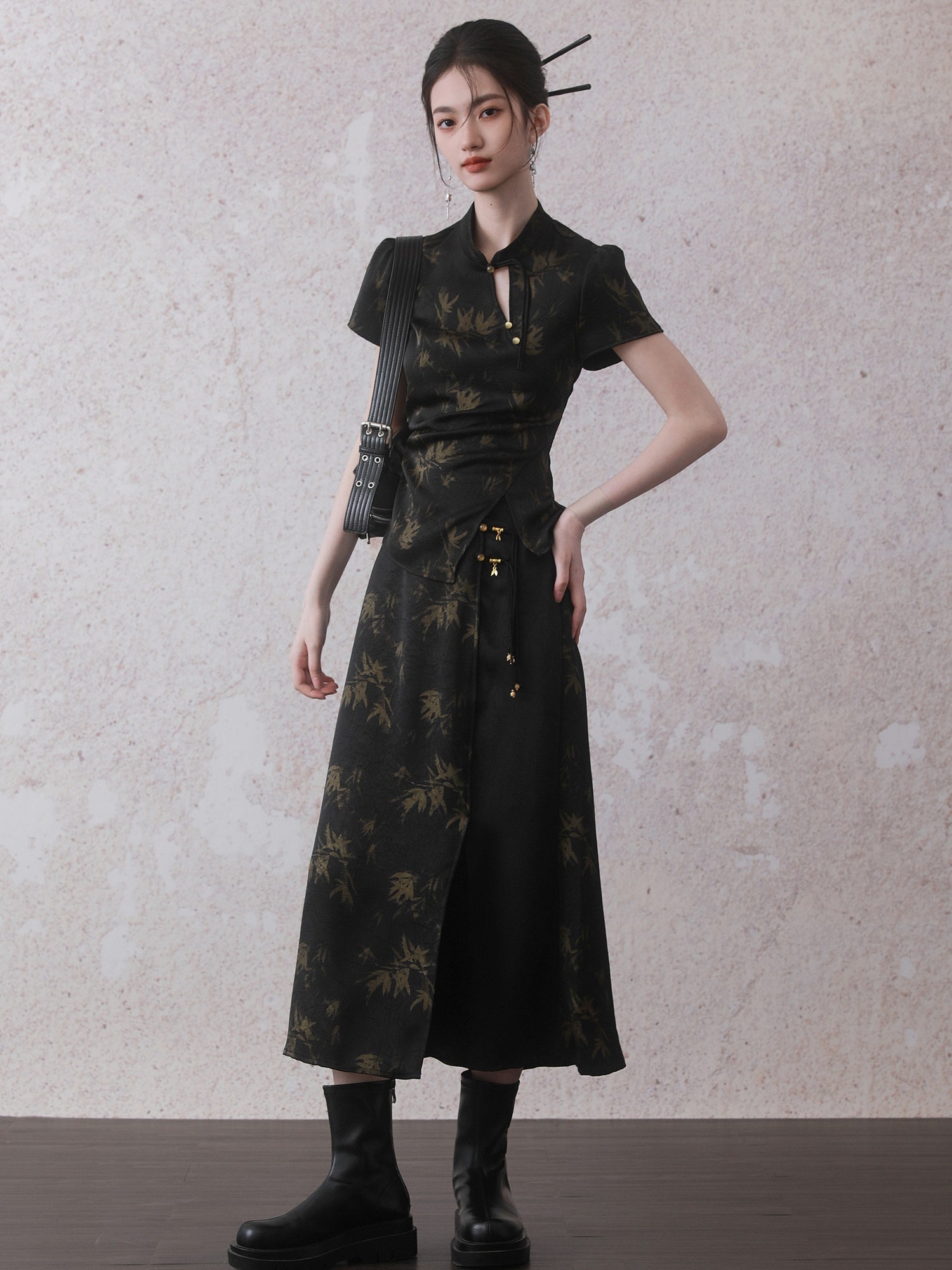 Chinese Style Bamboo Print Short Sleeve Shirt &amp; A-Line Skirt