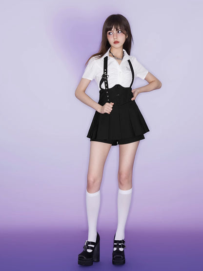 High Waist Pleated Suspenders Shorts