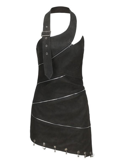 Adjusted Zipper PU Leather Halter-neck Dress