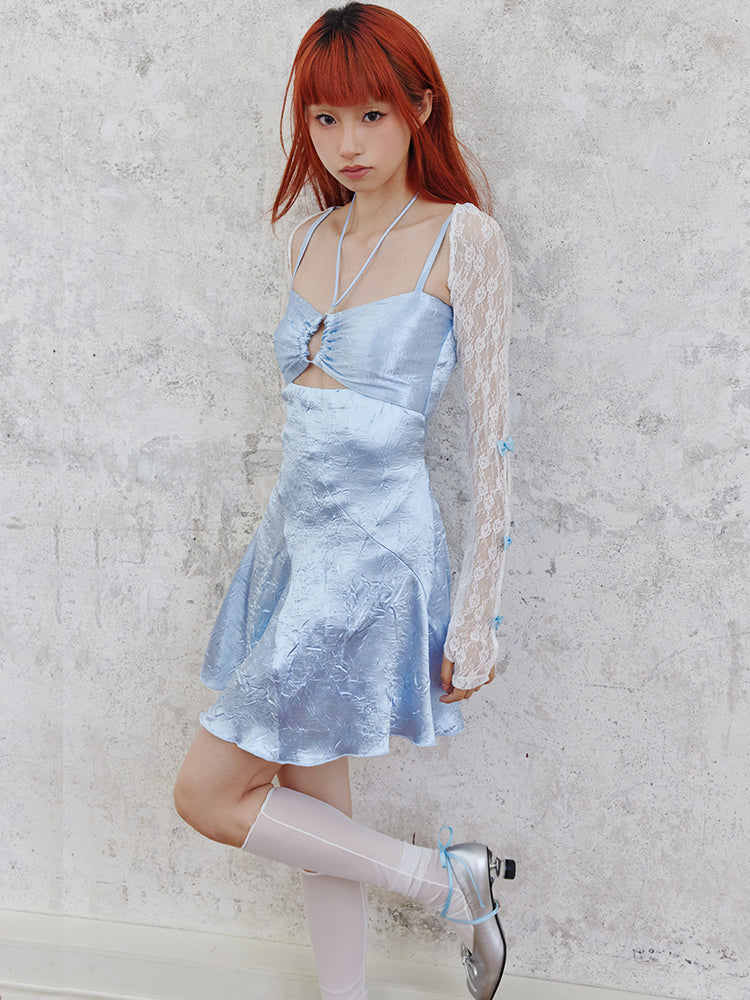 Shiny Hollow Suspender Dress &amp; Lace Sleeve