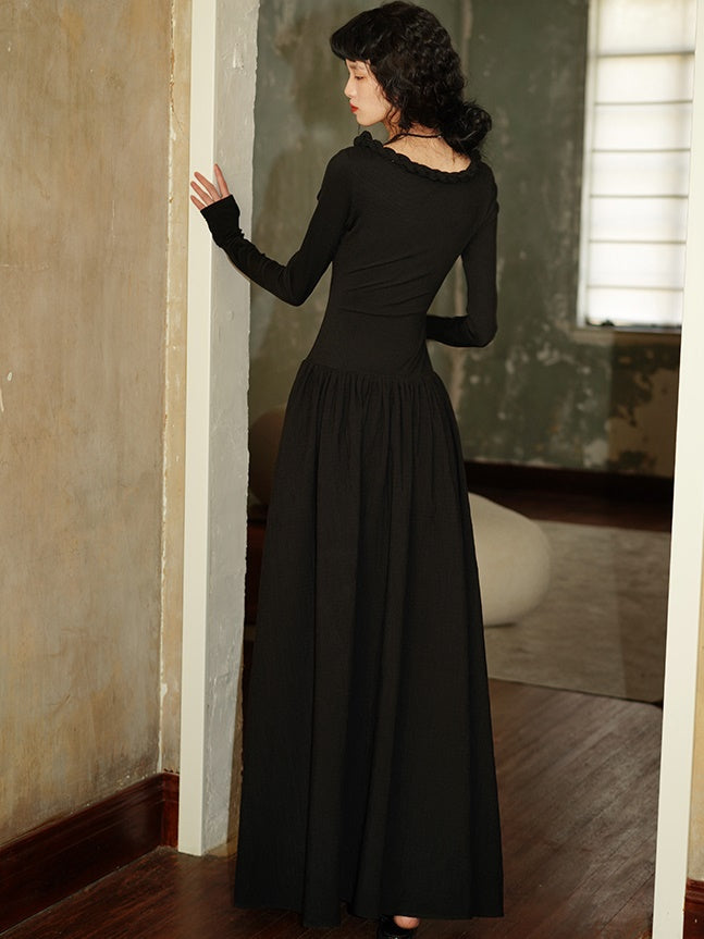 U-Neck Embroidery Waist Switching Long Dress