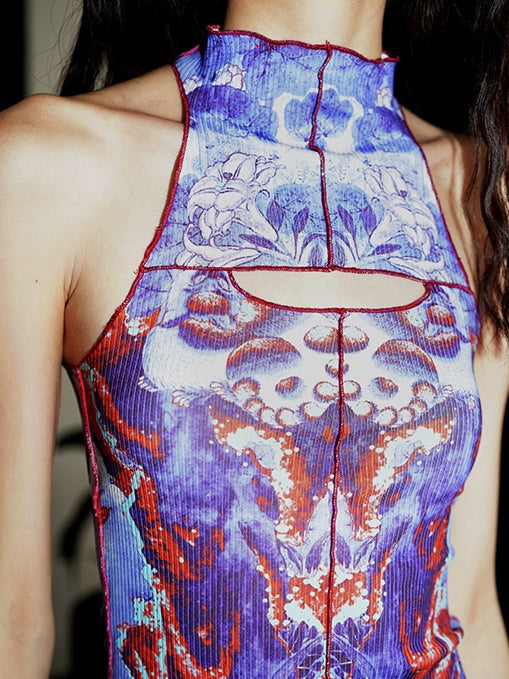 Chinese Printing Slim Stand Collar Tank Top