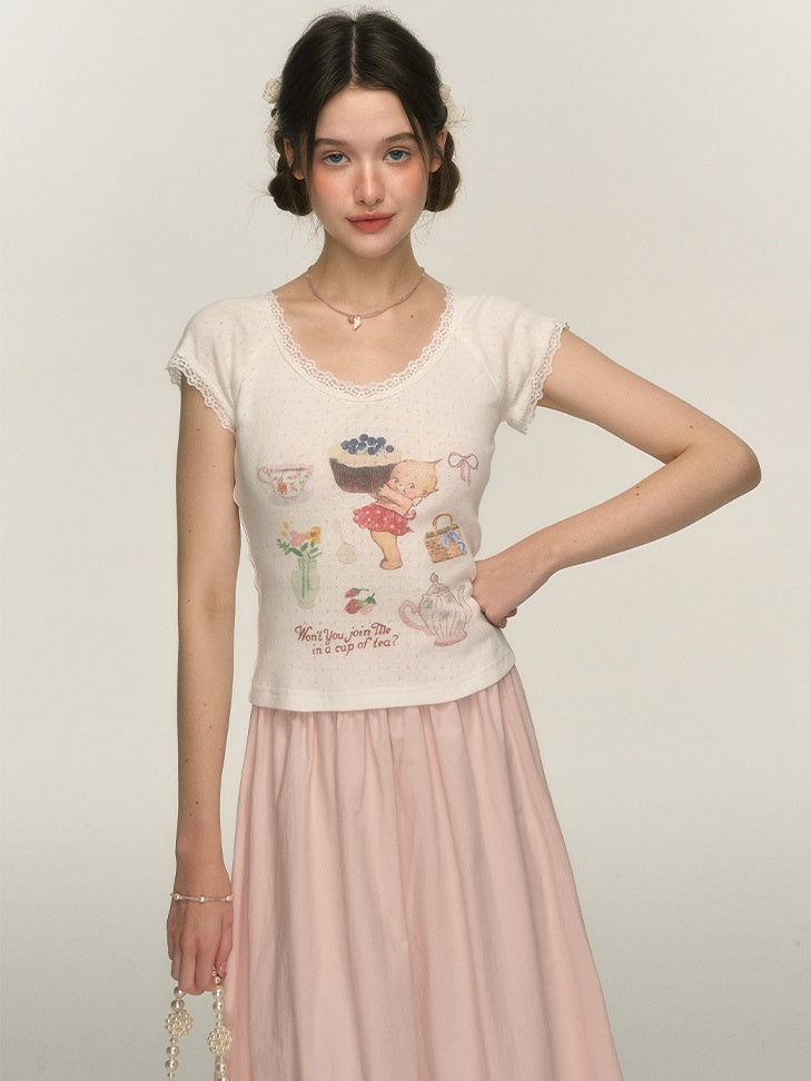 Afternoon Tea Print Sweet Slim Fit T-shirt