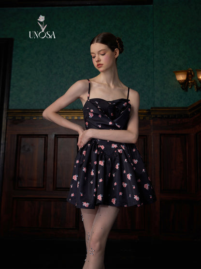 Three-dimensional Bud Floral Printed Suspender Dress