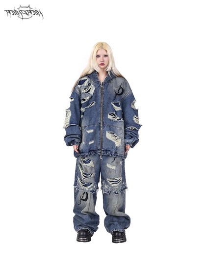 Holes Loose Genderless Hooded Denim Jacket