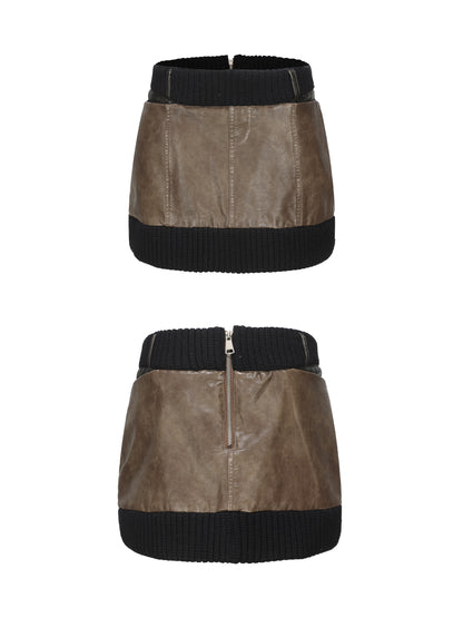 Leather&amp;Knit Nichi Trapezoid Vintage Mini-Skirt