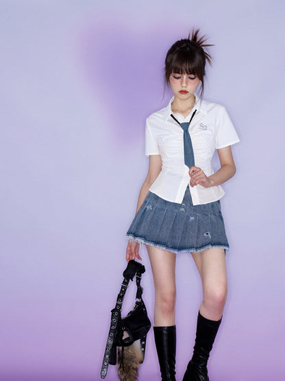 Denim Hole Pleated Skirt With Tie