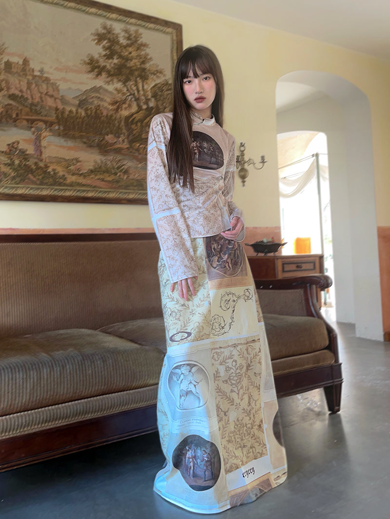 Oil Painting Angel Print Long Skirt