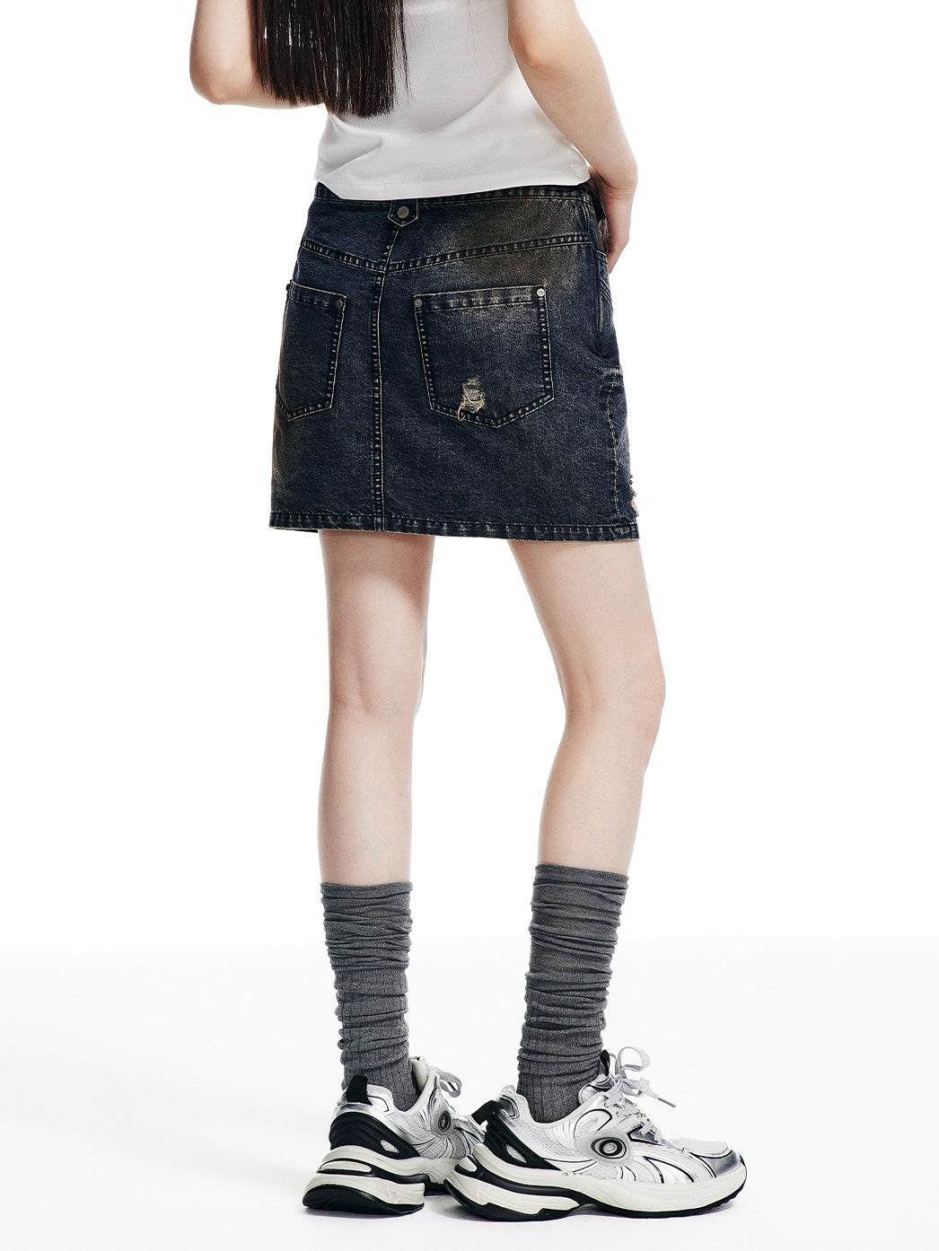 Holes Washed Denim Skirt